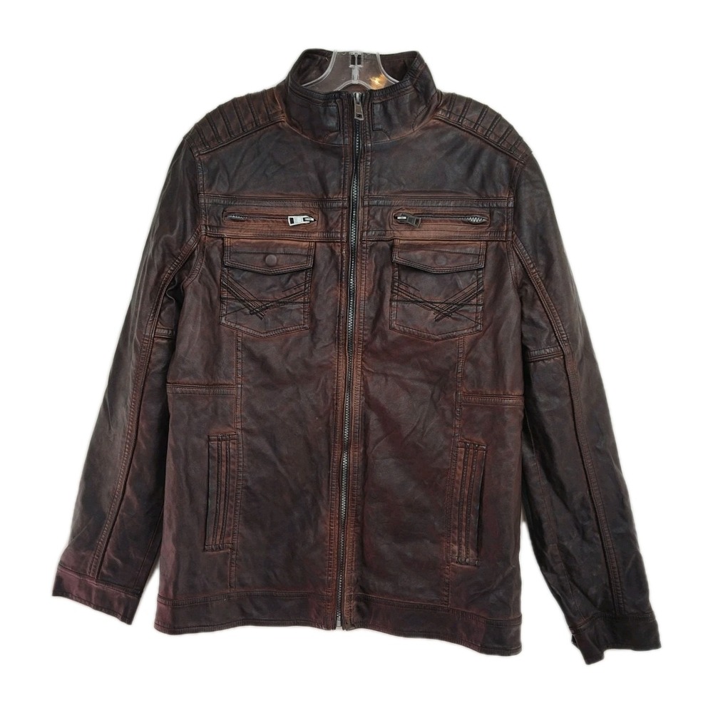 BKE Bomber Faux Leather Jacket Men's Small Brown Athletic Fit Full Zip Pockets